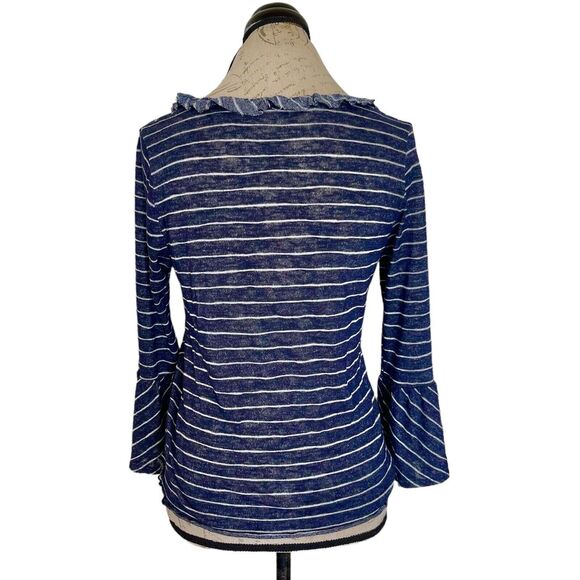 Coin 1804 Womens Blouse Sz Medium Striped Bell Sleeve Tie Front V Neck Ruffle - Picture 3 of 15